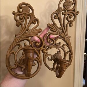 pair of vintage Homco Syroco faux wood wall candle sconces